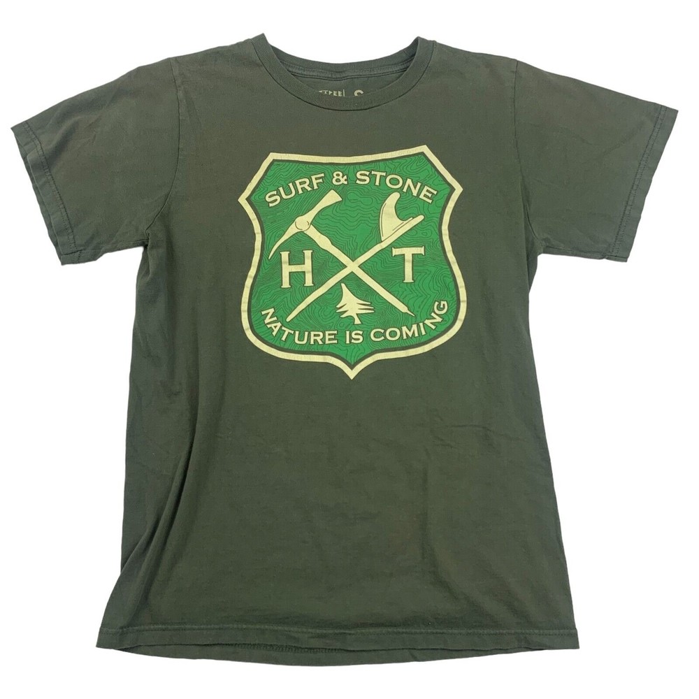 Womens Hippy Tree Green Surf and Stone Logo T-Shirt S Cotton Crew Boho Casual